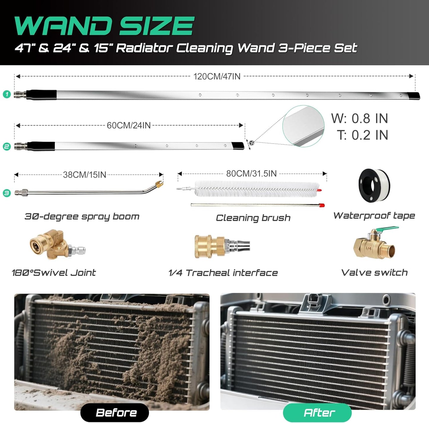 47/24/15" Radiator Cleaning Wand 3P, Water/Air, for Cars/Trucks/Heavy Equip | Water/air, 4500PSI 180° swivel, 0.2in ultra-slim, 25° fan, laser-welded 304SS, no-tear, quick-connect, industrial, saves.