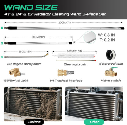 47/24/15" Radiator Cleaning Wand 3P, Water/Air, for Cars/Trucks/Heavy Equip | Water/air, 4500PSI 180° swivel, 0.2in ultra-slim, 25° fan, laser-welded 304SS, no-tear, quick-connect, industrial, saves.