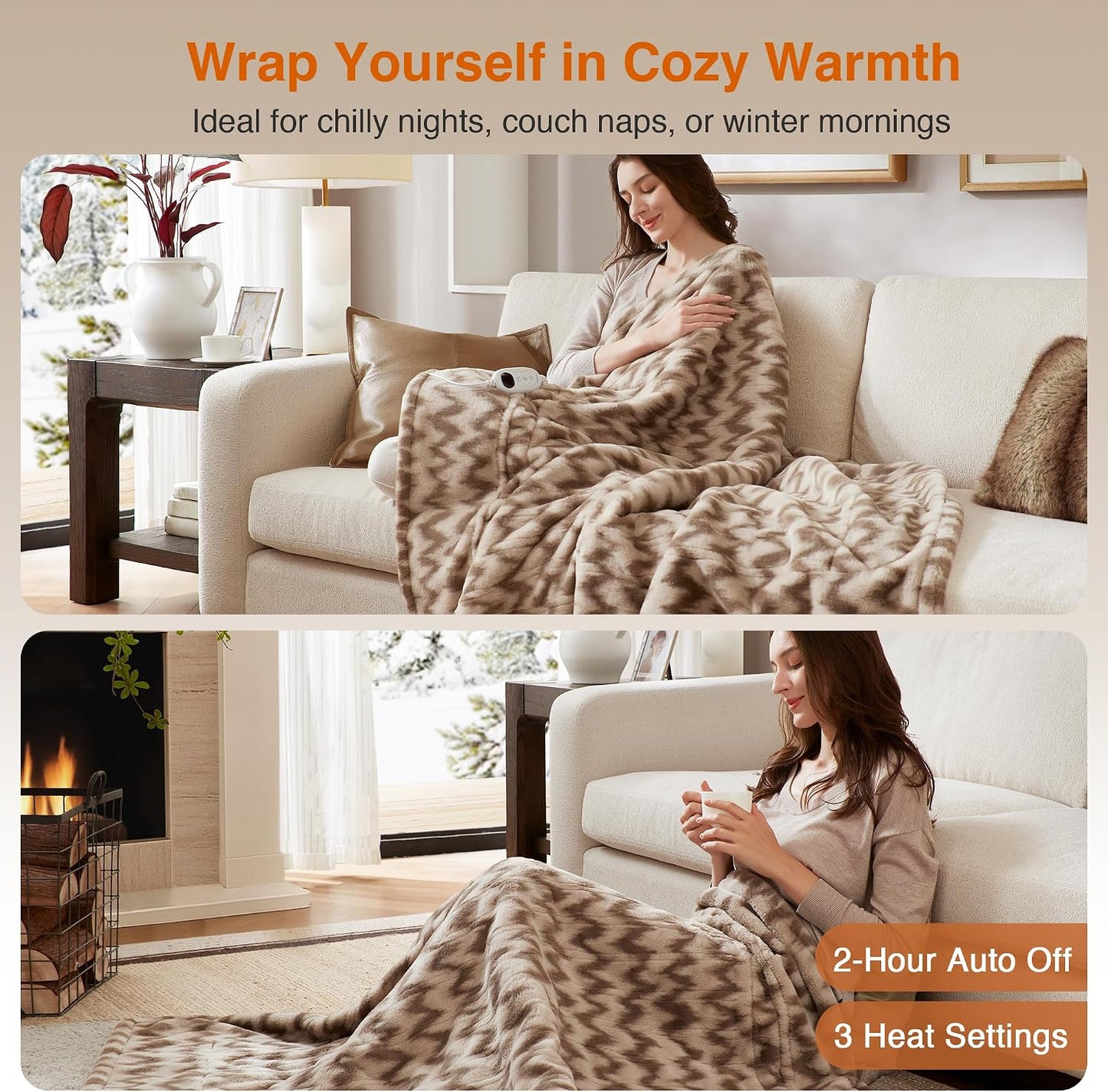 Beautyrest Long Brushed Faux Fur Ogee Textured Design Electric Blanket, Auto Shut Off, Virtually Zero EMF, Multi Heat Setting, UL Certified, Machine Washable, Grey Throw 50x60