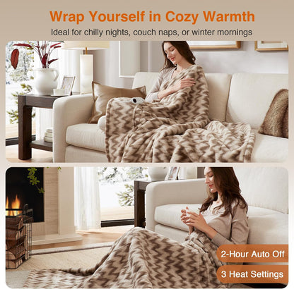Beautyrest Long Brushed Faux Fur Ogee Textured Design Electric Blanket, Auto Shut Off, Virtually Zero EMF, Multi Heat Setting, UL Certified, Machine Washable, Grey Throw 50x60