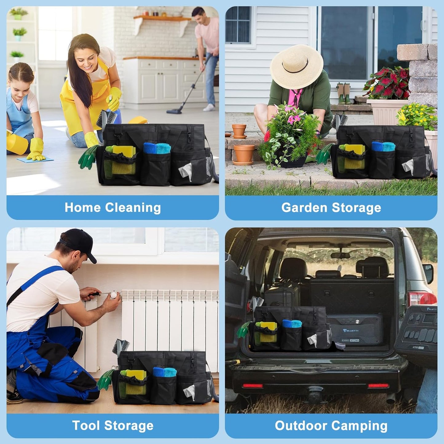 Large Cleaning Caddy Organizer, Adj Straps & Board Dividers Heavy‑Duty | Waterproof Nylon Fabric, Handle, Removable Divider, Tool Bags for Housekeepers, Car detailing, Kitchen Bathroom