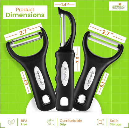 Spring Chef 3pcs Vegetable Peelers for Kitchen, Swivel, Y & Julienne Peeler | Premium Stainless Steel Potato Peelers with Soft Grip Handles, Ultra Sharp Blades for Fruits, Veggies, Apples, Carrots
