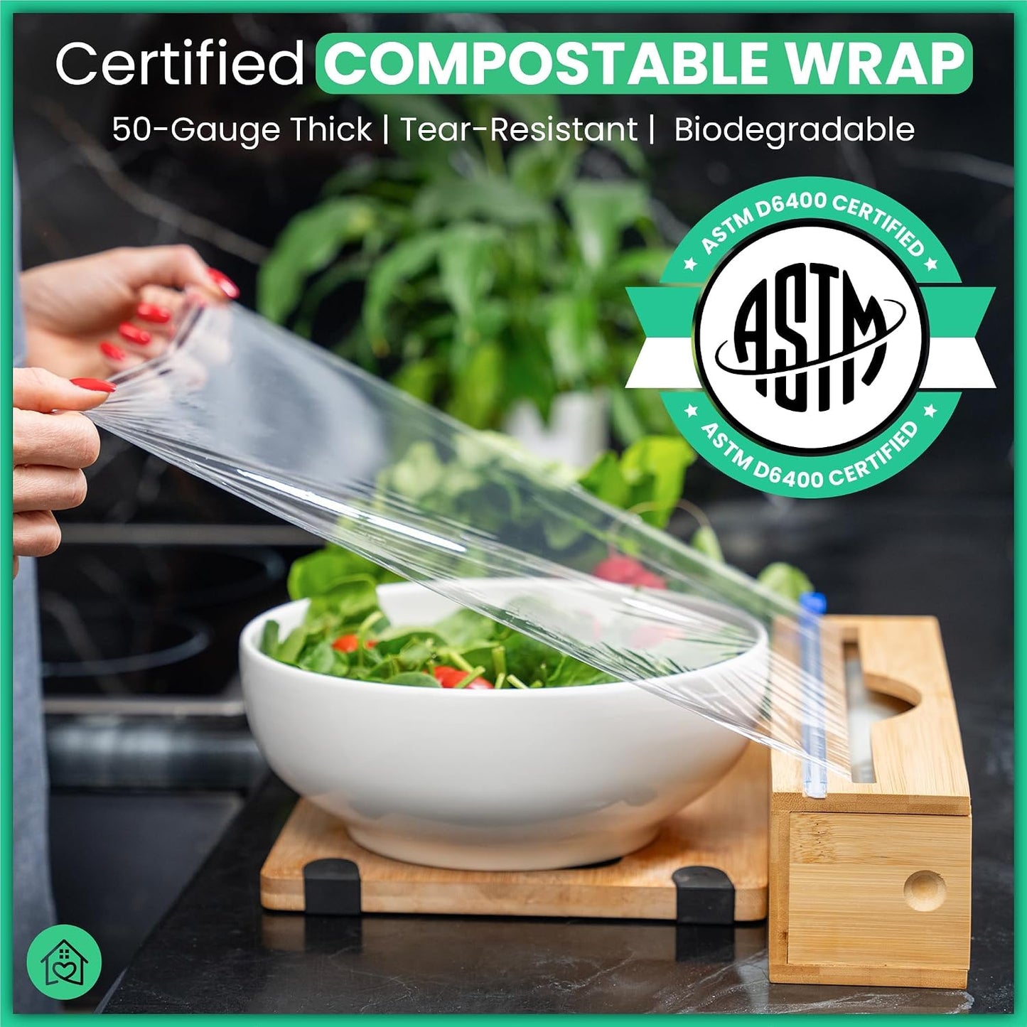 Compostable Plastic Wrap for Food with Dispenser & Cutter – 400 Sq Ft Roll, ASTM D6400 Certified
