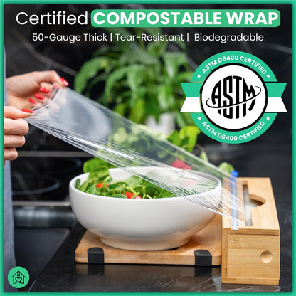 Compostable Plastic Wrap for Food with Dispenser & Cutter – 400 Sq Ft Roll, ASTM D6400 Certified