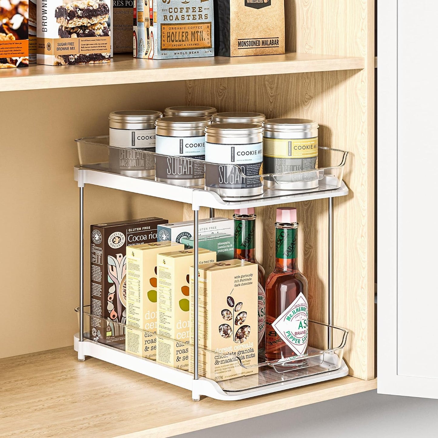 Delamu 2-Tier Multi-Purpose Bathroom Under Sink Organizers and Storage, Stackable Kitchen Pantry Organization, Pull Out Medicine Cabinet Organizer with Movable Dividers, White, 2 Pack