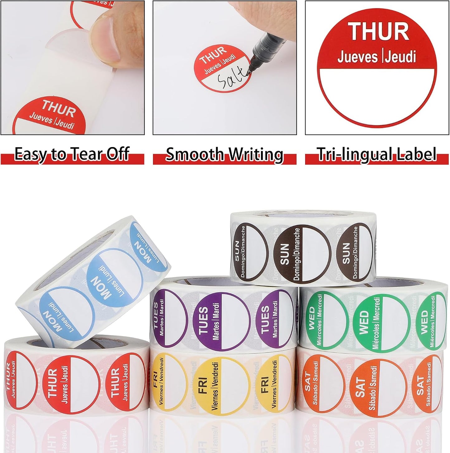 3500 Pcs 7 Rolls Removable Day Food Labels, 1'' Mon-Sun Weekly Date Stickers, Food and Restaurant Inventory Management Labels for Kitchen Containers & Meal Prep Self Adhesive Tri-lingual Labels
