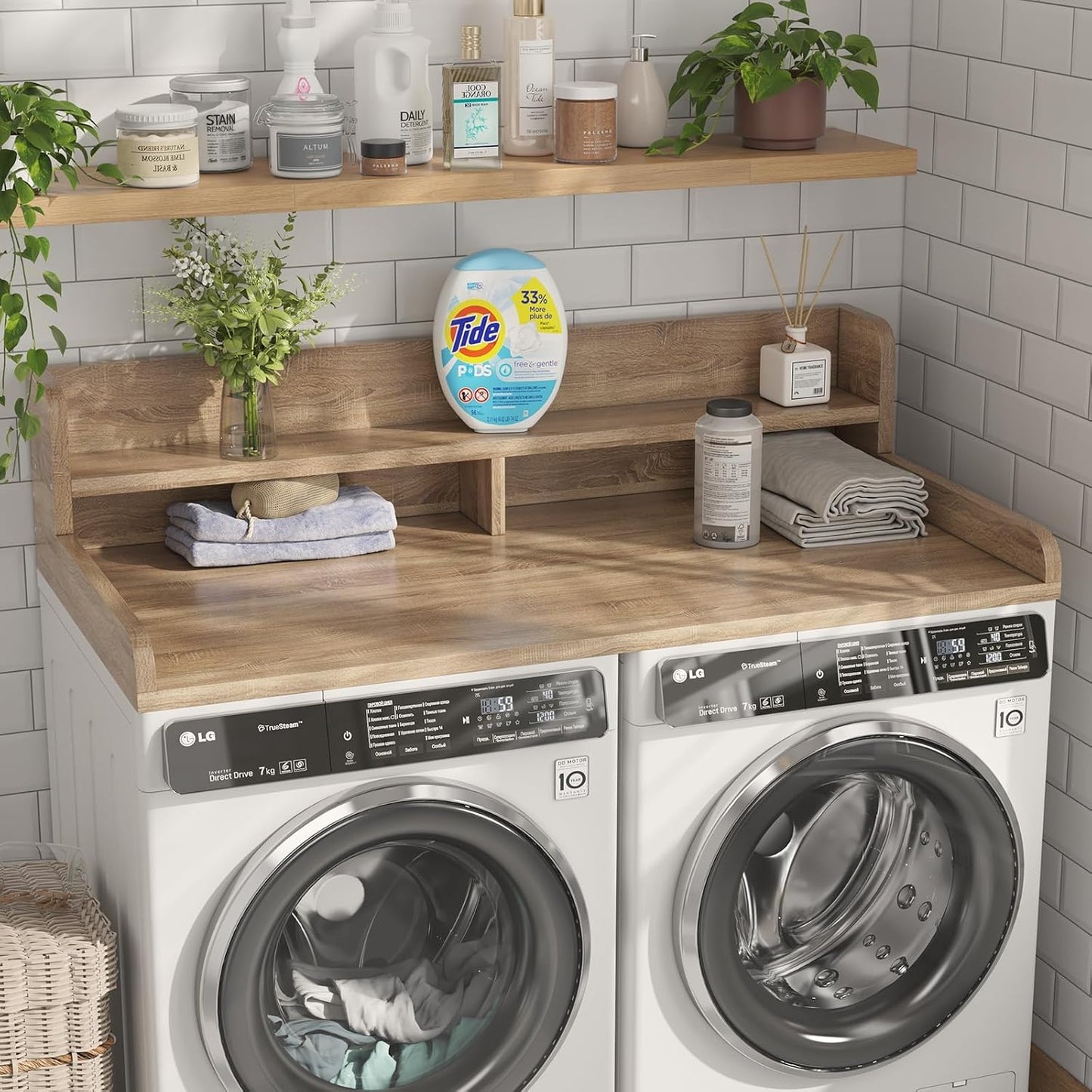 2-Tier Washer Dryer Countertop with 2.75" H Edge Rails, 54" W x 27.55" D Laundry Countertop for Folding Clothes, Washer and Dryer Topper with Non-Slip Pad (Dark Walnut)
