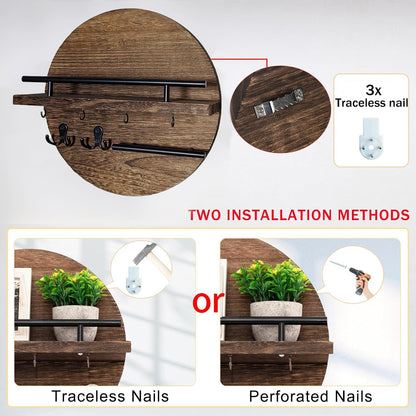 Key Holder for Wall Decorative with Shelf and Hooks, Mail Organizer Wall Mount with Sunglasses Holder, Circular Design Entryway Key Rack Hanger, Rustic Home Decor Boho Wall Decor (White)