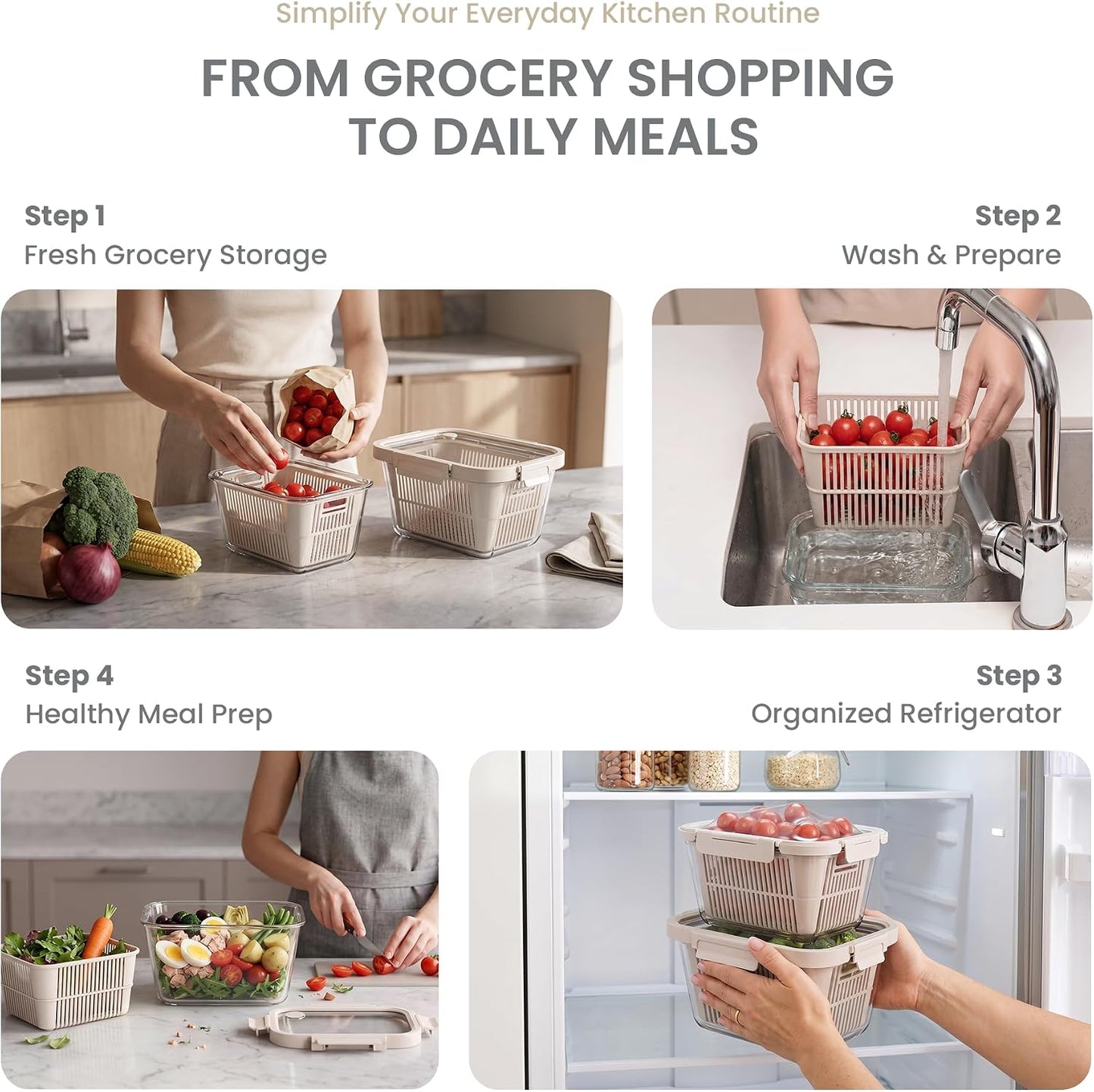Glass Produce Storage Containers for Fridge, 2-Pack – Airtight Fruit & Vegetable Containers with Removable Colanders, Flexible Silicone Lids,LeakProof, BPA-Free Borosilicate Glass