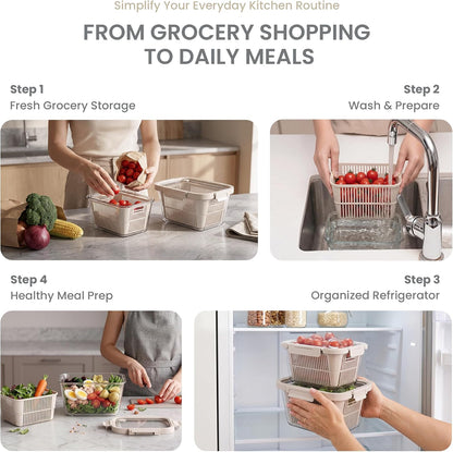 Glass Produce Storage Containers for Fridge, 2-Pack – Airtight Fruit & Vegetable Containers with Removable Colanders, Flexible Silicone Lids,LeakProof, BPA-Free Borosilicate Glass
