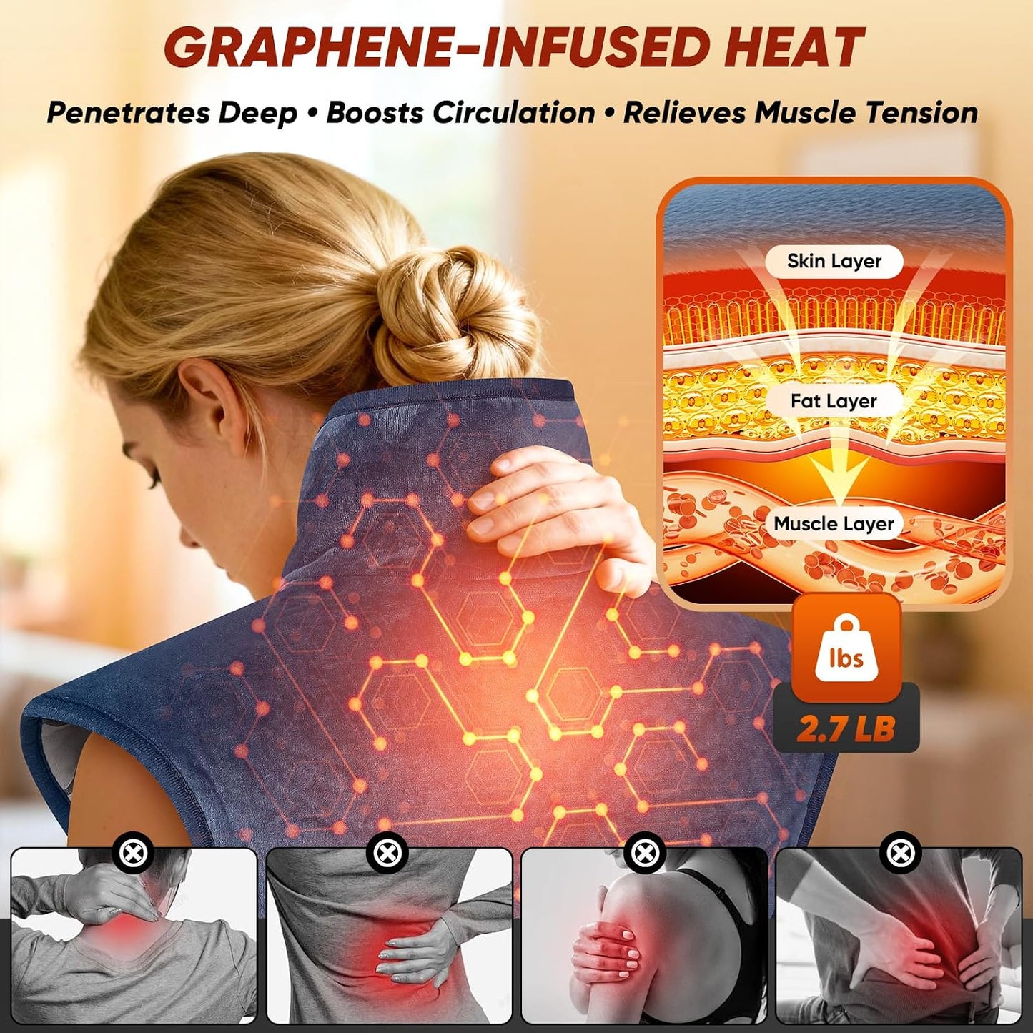 Heating Pad for Shoulder and Back, Electric Graphene-Infused Weighted Heat Pads for Pain Relief, 35"x24" Large Full Body Heated Pad, 86°F-158°F Auto-Off, Birthday Gifts for Women, Men, Mom, Dad
