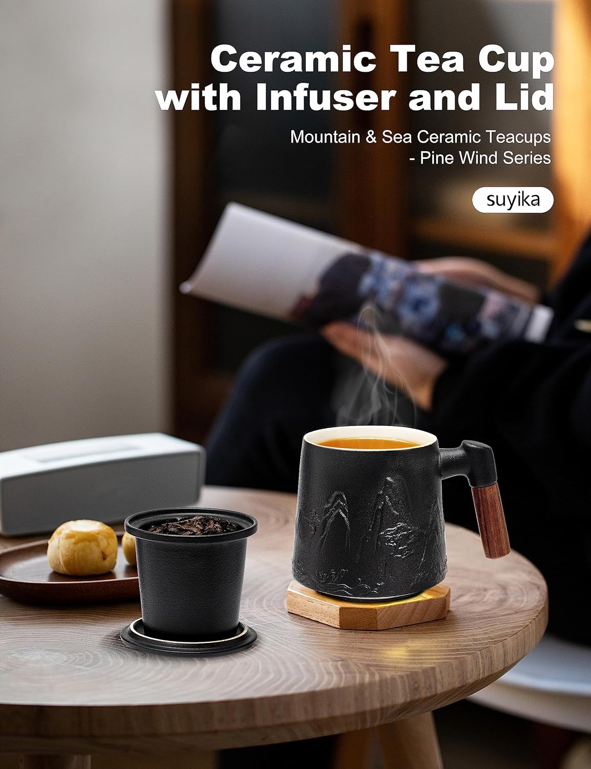 suyika Tea Cup with Infuser and Lid, 15.2 Ounce Wood Handle Ceramic Loose Leaf Mug Gradient Black&Green 450ml