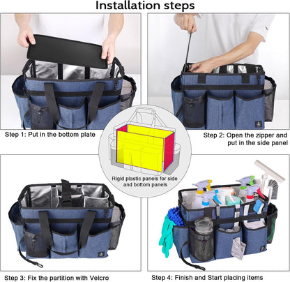 Large Cleaning Caddy Bag Built-in hard plastic sheet Aluminum foil lining | Waterproof nylon, aluminum foil lining, detachable dividers, dual straps for housekeepers