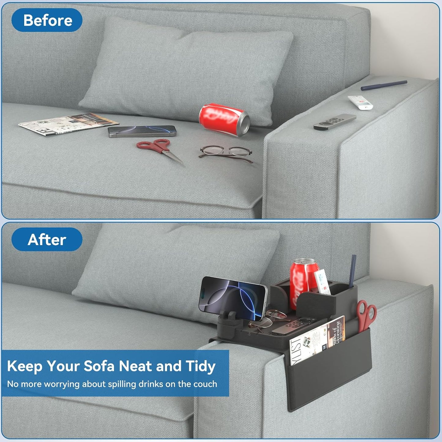 Couch Arm Cup Holder CLESOO Couch Arm Tray Anti-Slip Couch Cup Holder Silicone Sofa Armrest Tray Dual Side Pocket Couch Drink Holder Sofa Caddy Arm Remote Holder Snack Caddy with Phone Holder Blue