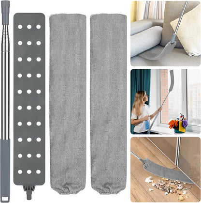 Retractable Gap Dust Cleaner with 15-98 Inch Extension Pole, Flat Duster for Under Appliances and Furniture, Includes 2 Washable Microfiber Pads for High Ceilings and Hard to Reach Spaces