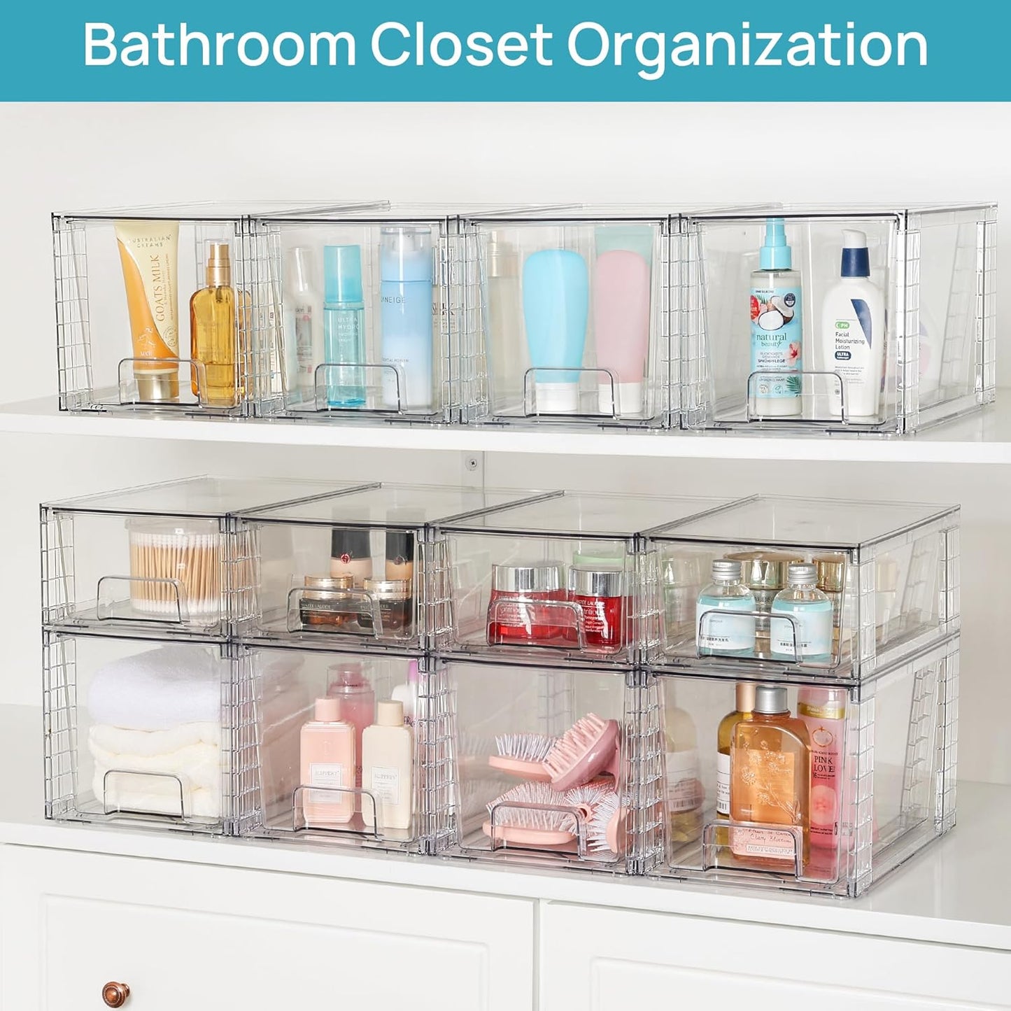Vtopmart 4 Pack Large Stackable Storage Drawers, Clear | Easily Assemble Bathroom Closet Undersink Organizers and Storage Kitchen Cabinets,Pantry,Makeup,Medicine Organization