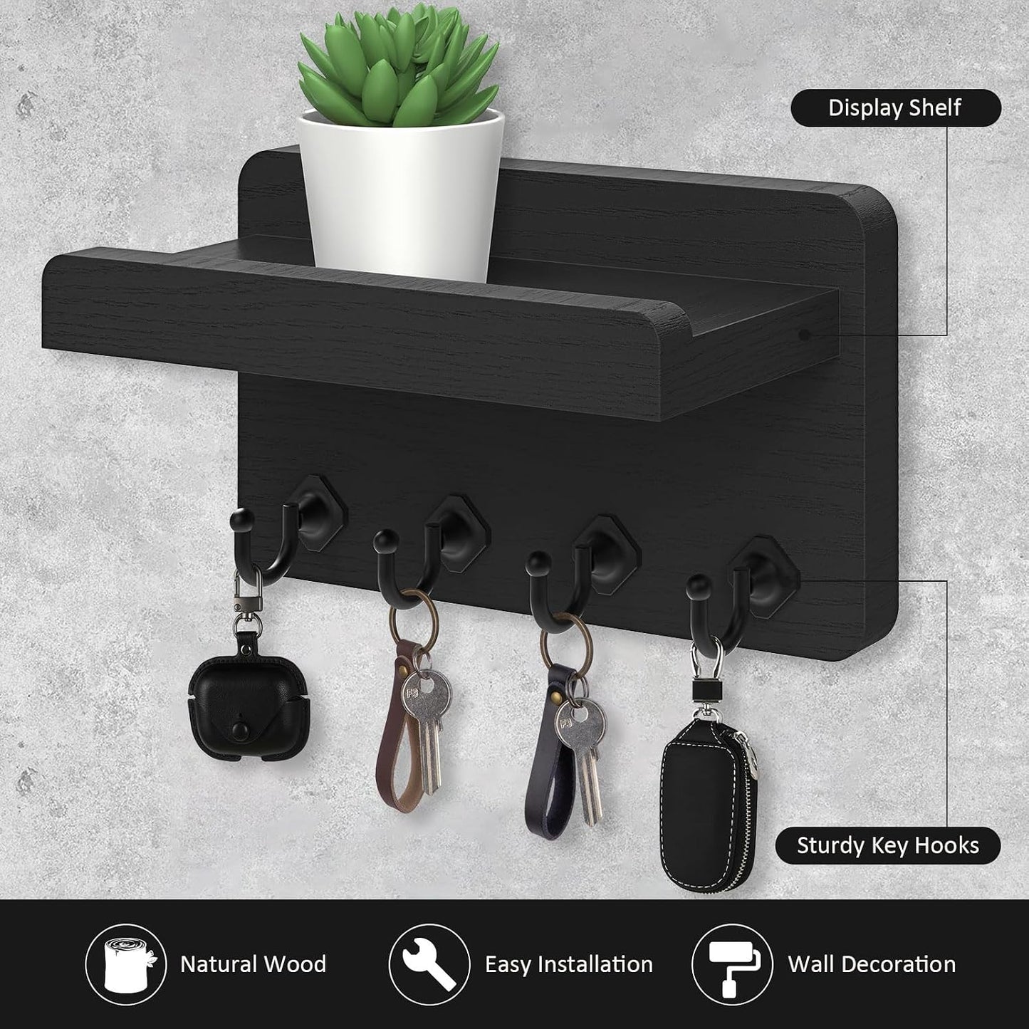 Nekon Key Holder Wall Mount, 8.5 Inch Small Wooden Wall Organizer, Black | Rustic Wall Shelf, Farmhouse Key and Mail Holder for Living Room Entryway Kitchen