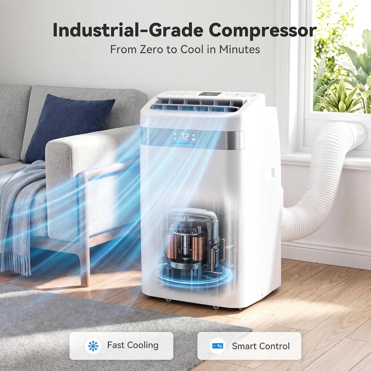 14000BTU Portable Air Conditioner, 4-in-1 700 Sq. Ft, Quiet for room | 14000BTU AC cools 700sq.ft, 4-in-1 cool/fan/dry/sleep, quiet, LED, remote, 24H timer, kit, for bed/office/dorm.