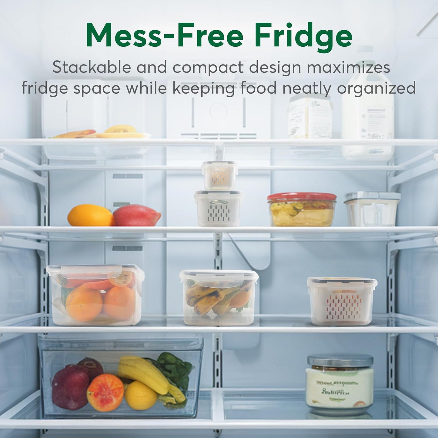5 Set Fruit Storage Containers for Fridge with Colander, Produce & Veggie | Dishwasher safe, leakproof BPA-free plastic, stackable vegetable& fruit saver for refrigerator, keep berry salad meat fresh