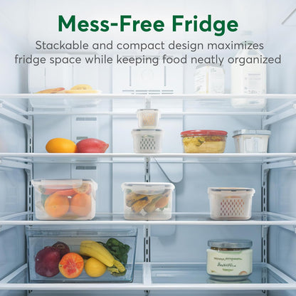 5 Set Fruit Storage Containers for Fridge with Colander, Produce & Veggie | Dishwasher safe, leakproof BPA-free plastic, stackable vegetable& fruit saver for refrigerator, keep berry salad meat fresh