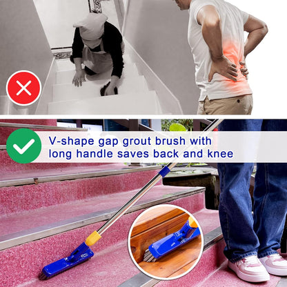 Grout & Scrub Brush Combo, Floor Scrubber with Long Handle, Multi-Purpose Stiff Bristles Cleaning Brush Set for Tile, Grout, Deck, Kitchen, Shower Floor (2 Pcs)