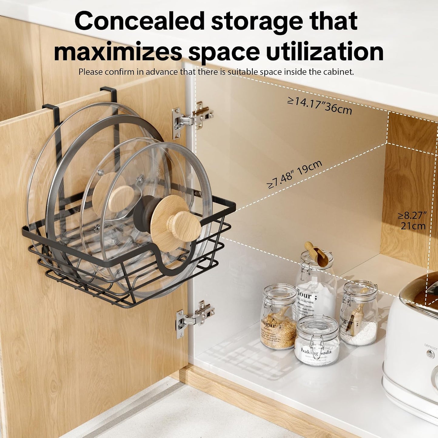 TIDIIABODE Pot Lid Organizer, Adjustable Kitchen Pot Lid Holder Inside Cabinet, Kitchen Cabinet Organizer Hanging for Food Storage Container, Pot, Pan Lid & Bakeware, Black