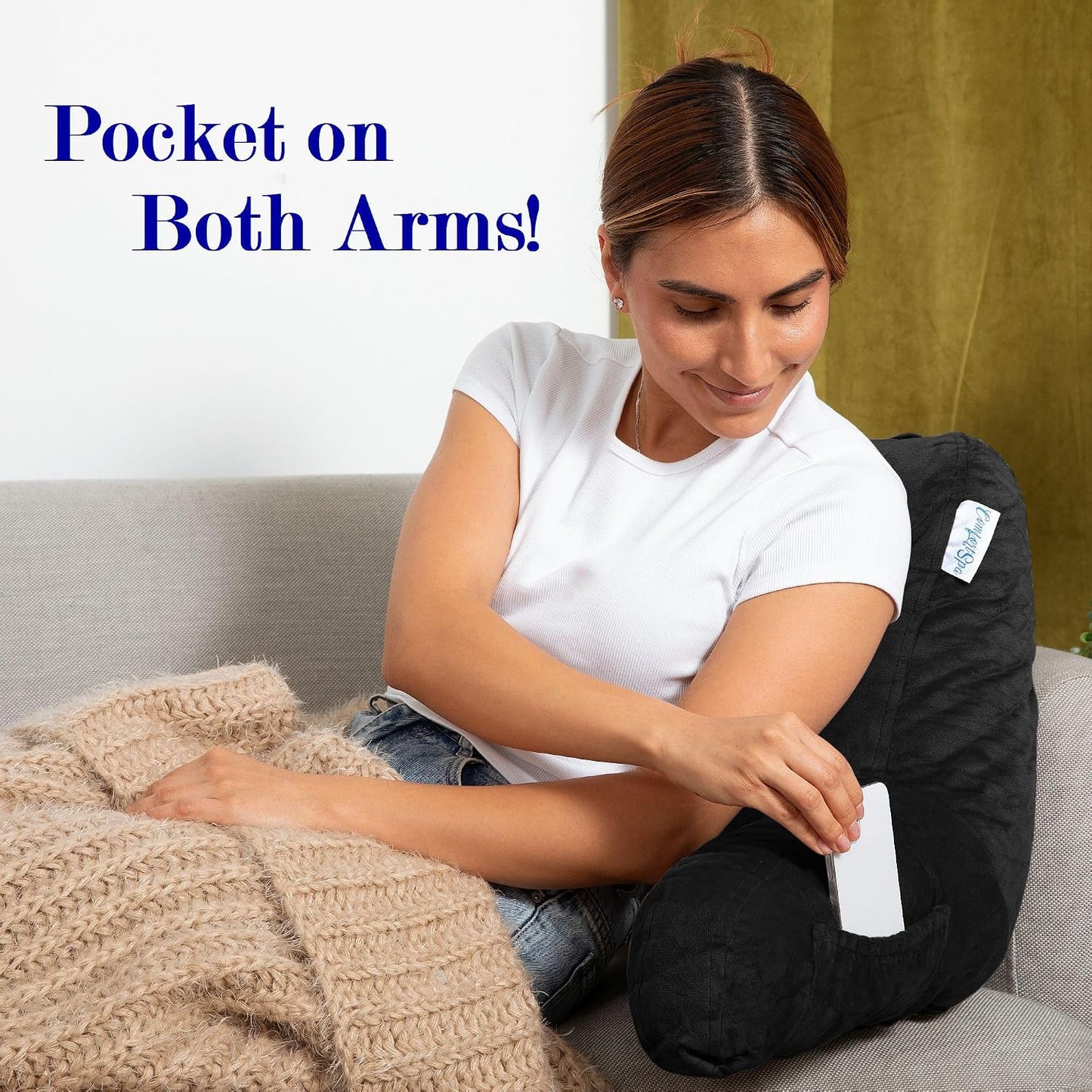Reading Pillow for Bed with Arms Pockets for Adults, Large Grey | Bed Pillow for Sitting Up for Nursing, Breast Feeding, Bedrest or Relief from GERD or Heartburn; Removable, Washable Cover