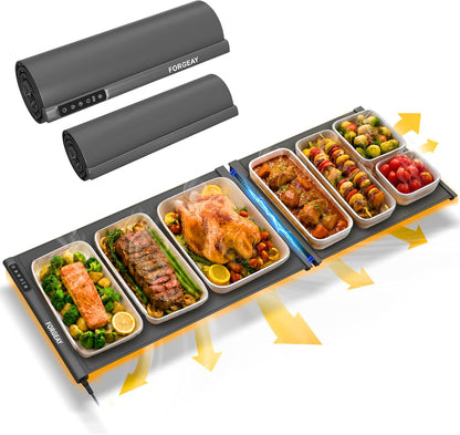 XXL Food Warming Mat Countertop 42"x16" – 2 Piece Extendable Electric Warming Tray for Buffets & Parties – Extra Large Roll Up Silicone Food Warmer Mat with 8 Temp Settings, Auto Shut Off Food Warmer