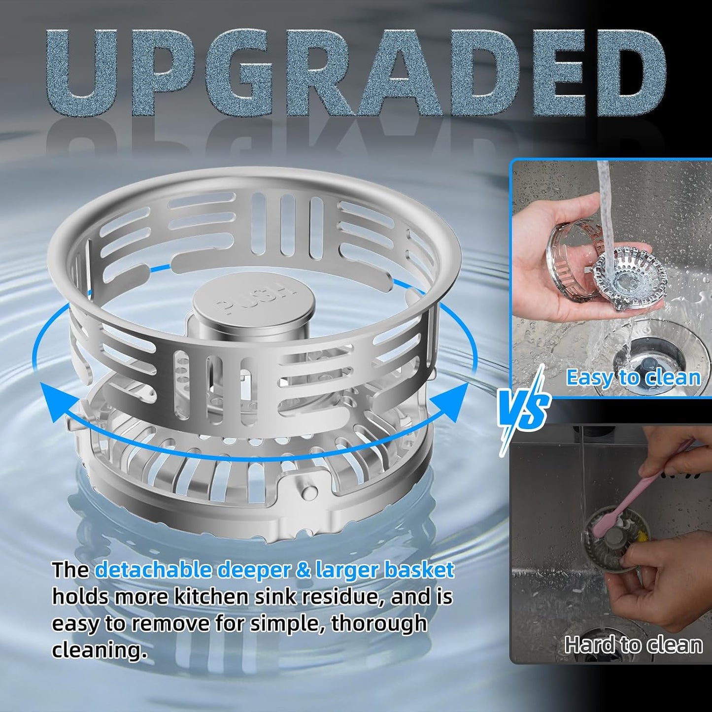 Hibbent 3 in 1 Kitchen Sink Drain Strainer, Metal Pop Up Stopper | Larger Anti-Clogging Basket, 3-Layer Seal, Detachable Sink Drain Plug for US Standard 3-1/2" Drain, Brushed Stainless Steel