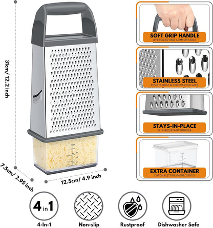 Urbanstrive Cheese Grater With Container Box Grater Stainless Steel Graters for Kitchen Cheese Shredder Parmesan Shredder Kitchen Gadgets Kitchen Tools Kitchen Gifts for Chef Dishwasher Safe Zester