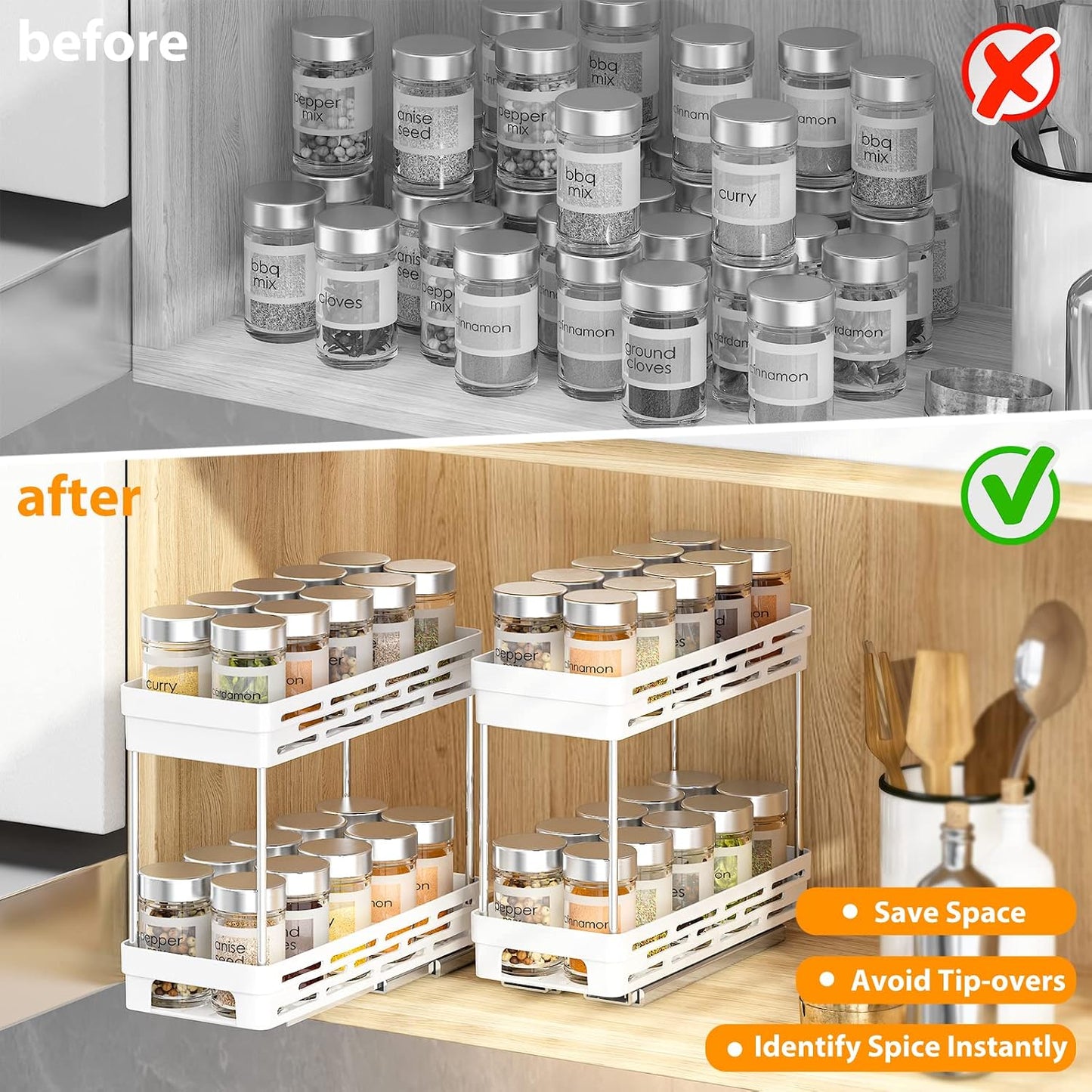 Pull Out Spice Rack Organizer for Cabinet, 3 Packs Slide Out Spice Racks Organizer, Spice Cabinet Organizers, Cabinet Size Need:12'' Highx11'' Deepx5'' Wide,Each Tier Hold 10 Spice Jar - 2 Tier, Black