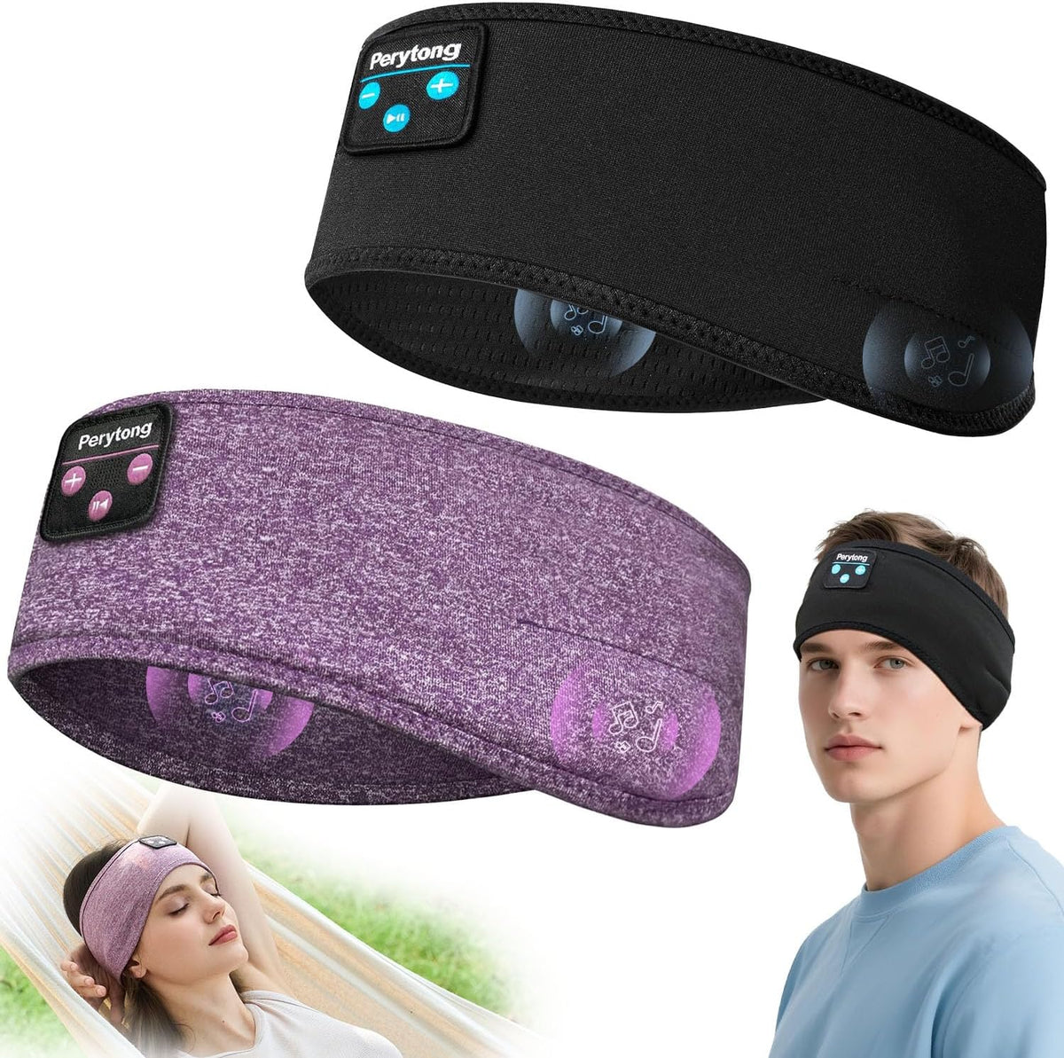 Perytong 2 Pack Sleep Headphones, Sleeping Headphones | Bluetooth Headband with Ultra-Thin HD Stereo Speaker, Wireless Headphone for Sports, Insomnia, Yoga, Air Travel, Meditation