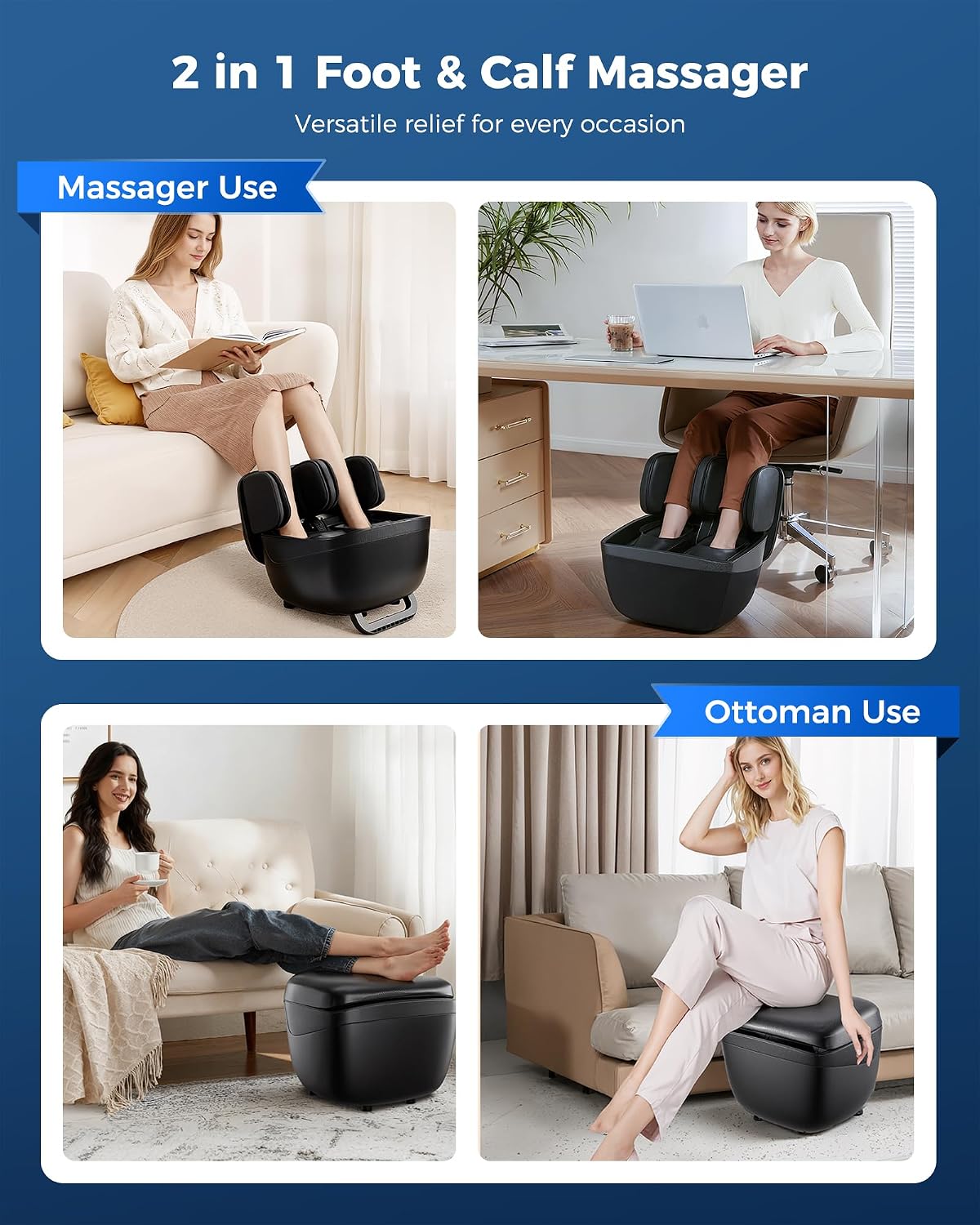 KNQZE Shiatsu Foot & Calf Massager with Heat, Multi-Use Luxury Ottoman | 3-in-1 Massager, FSA Eligible, Foldable & Ergonomic Design, 3 Kneading /Air Squeeze/ Heat Levels, Great for Home & Family
