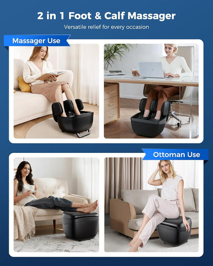 KNQZE Shiatsu Foot & Calf Massager with Heat, Multi-Use Luxury Ottoman | 3-in-1 Massager, FSA Eligible, Foldable & Ergonomic Design, 3 Kneading /Air Squeeze/ Heat Levels, Great for Home & Family