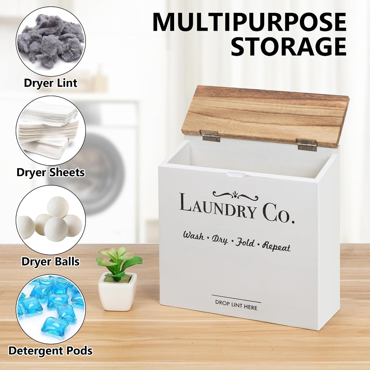 Magnetic Lint Bin for Laundry Room | Dryer Lint Bin with Lid, Wooden Lint Holder, Rustic Lint Box, Modern Farmhouse Laundry Room Decor, White
