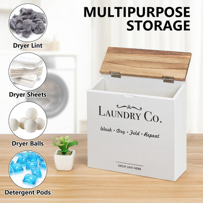 Magnetic Lint Bin for Laundry Room | Dryer Lint Bin with Lid, Wooden Lint Holder, Rustic Lint Box, Modern Farmhouse Laundry Room Decor, White