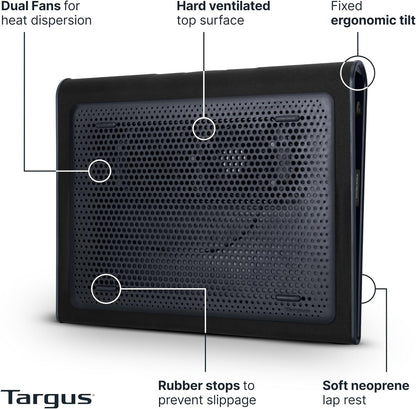Targus 17 Inch Dual Fan Lap Chill Mat - Soft Neoprene Laptop Cooling Pad for Heat Protection, Fits Most 17" Laptops and Smaller - USB-A Connected Dual Fans for Heat Dispersion (AWE55US)