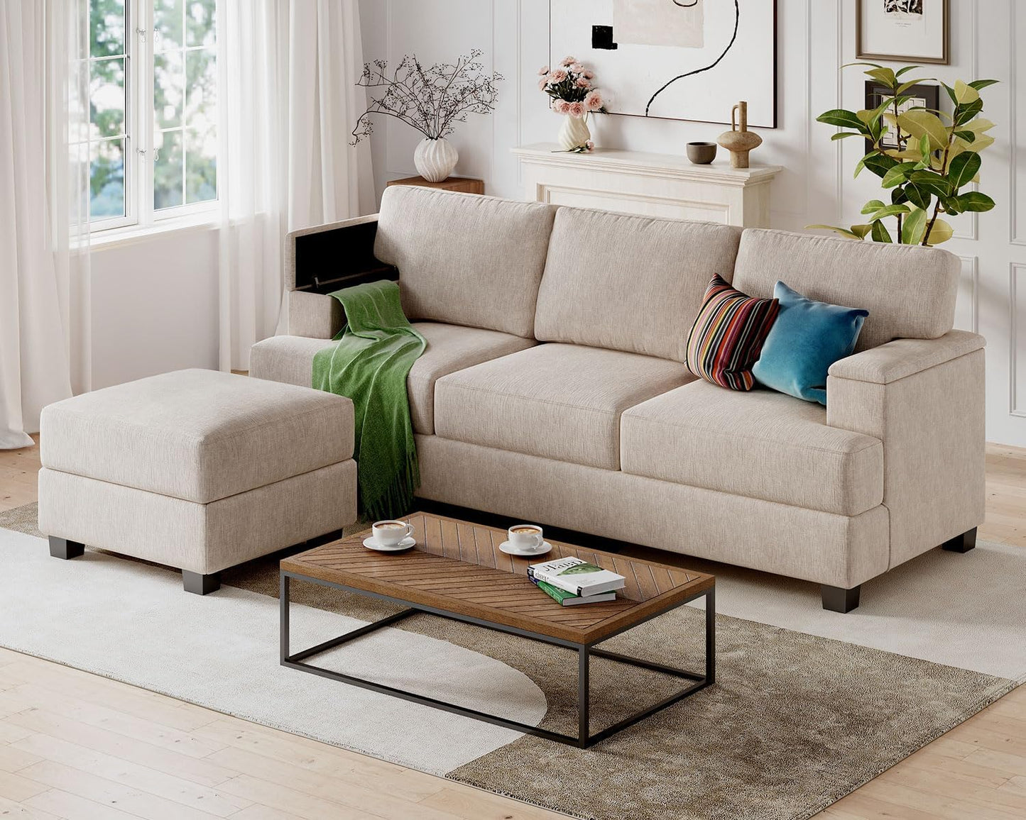 85'' L Shaped Couch with Armrest Organizer,Sectional,Movable Ottoman,Khaki | Comfy Sectional Sofa with Thick Cushion,3 Seats Sofas,Sectional Couches for Living Room,Bedroom,Apartment,Chenille