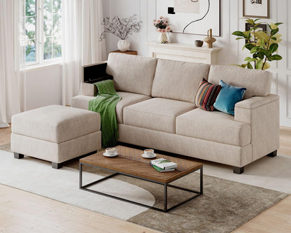 85'' L Shaped Couch with Armrest Organizer,Sectional,Movable Ottoman,Khaki | Comfy Sectional Sofa with Thick Cushion,3 Seats Sofas,Sectional Couches for Living Room,Bedroom,Apartment,Chenille