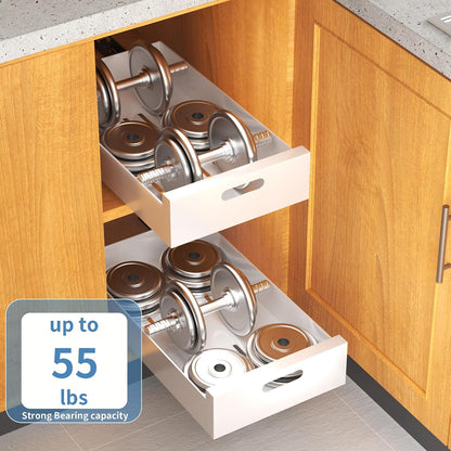 HBL' 1 Pack | 21" Deep Pull Out Cabinet Organizer Adhesive, 10-Inch Wide Sturdy Carbon Steel Roll-Out Drawers, Designed for Frameless Cabinets, Slide-Out Shelves for Pantry.