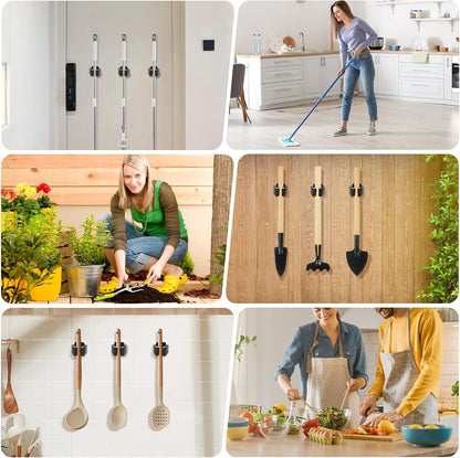 Broom Holder Wall Mount, 4PCS Broom Hanger Wall Mount, Stainless Steel Heavy Duty Mop Holder Broom Mop Hanger Wall with Screws, Garden Outdoor Tool Organizer Rack Broom Hanger (Black)