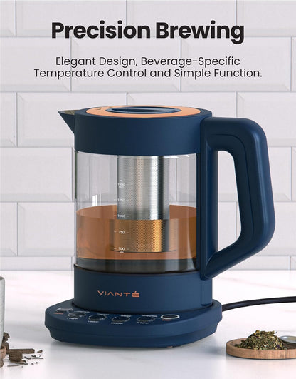 Viante Alba Electric Tea Kettle With Infuser, No Plastic, 1.5L | Borosilicate glass & 304 stainless steel construction. 4 temp presets, keep-warm, cordless, auto shut-off