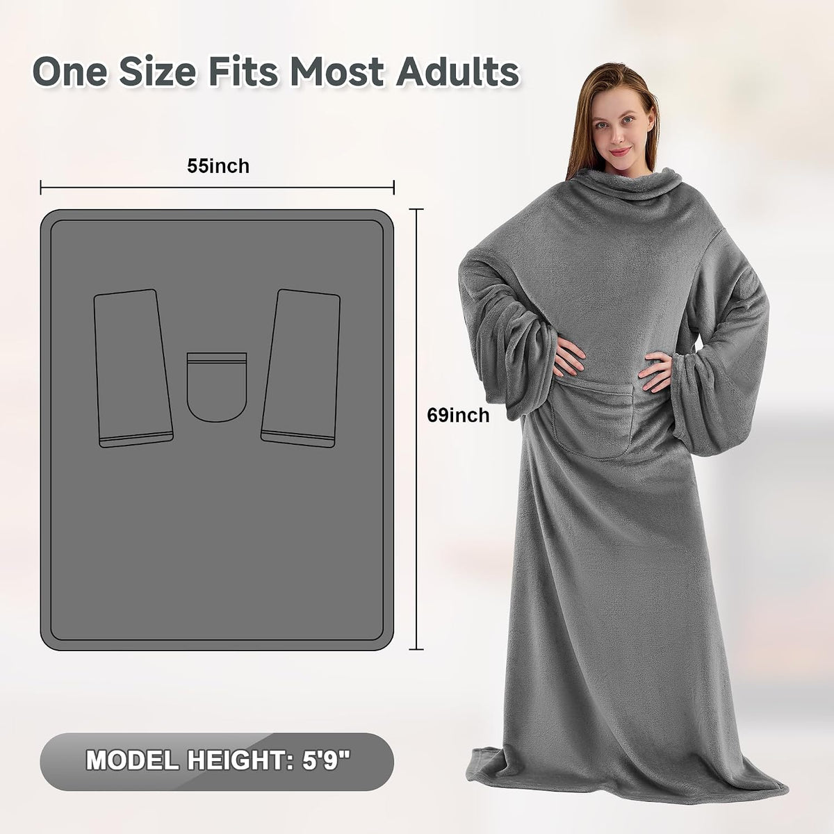 IFNOW Sherpa Wearable Blanket with Sleeves, Oversized Snuggle Robe, Grey
