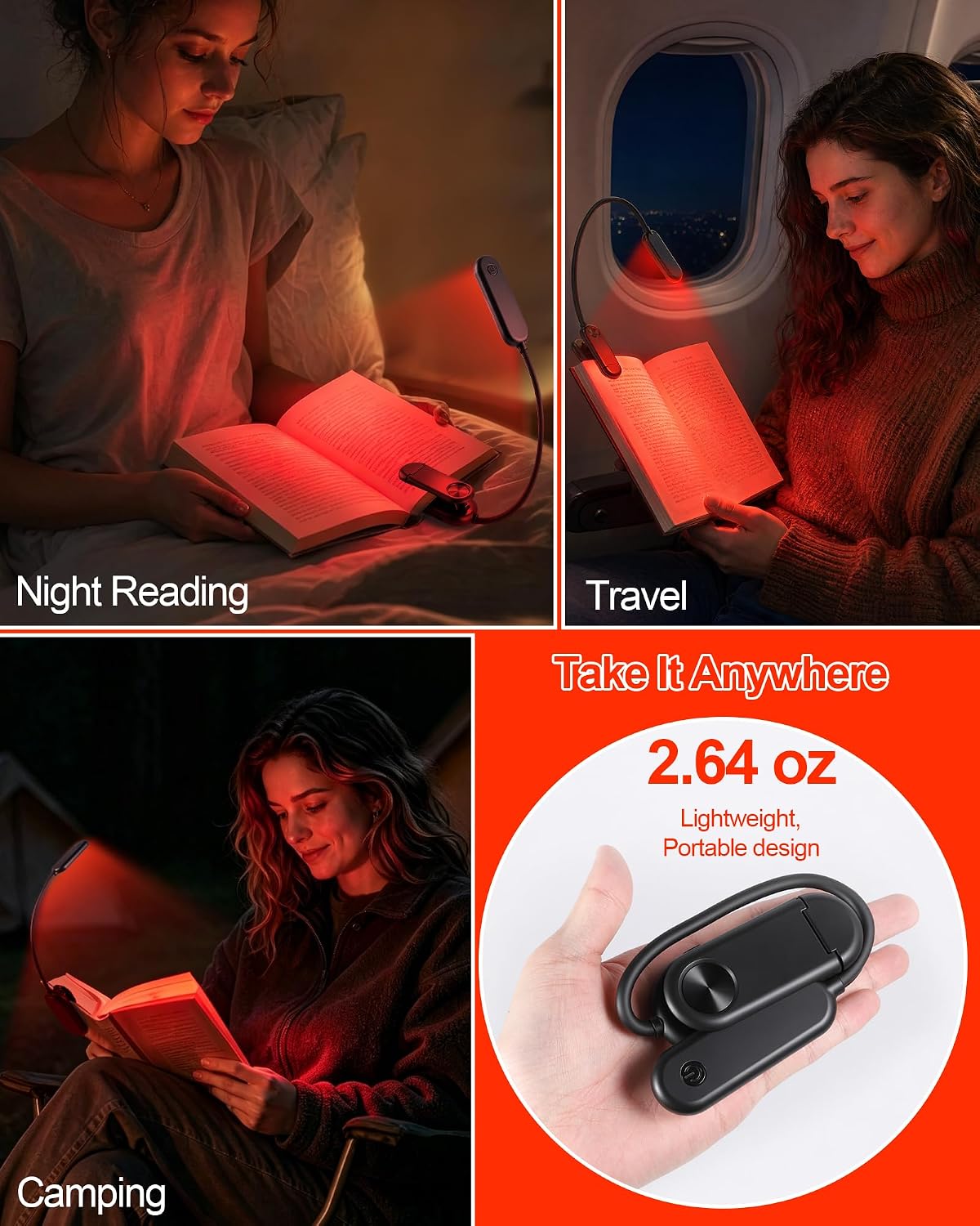 630nm Red Book Light for Reading at Night [1 Pack] - Zero Blue Light, Dimmable Reading Lights for Books in Bed, LED Book Lamp Clip on, Gift for Students Parents Nurse Studying Travel
