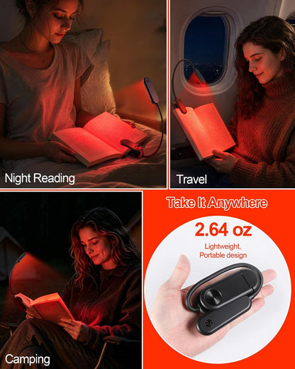 630nm Red Book Light for Reading at Night [1 Pack] - Zero Blue Light, Dimmable Reading Lights for Books in Bed, LED Book Lamp Clip on, Gift for Students Parents Nurse Studying Travel