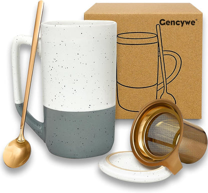 Gencywe Ceramics Large Tea Cup with Loose Leaf Infuser, Spoon and Lid, 16 oz Tall Coffee Mug, Microwave and Dishwasher Safe, Rustic Matte Ceramic Glaze, Tea Strainer, Amber