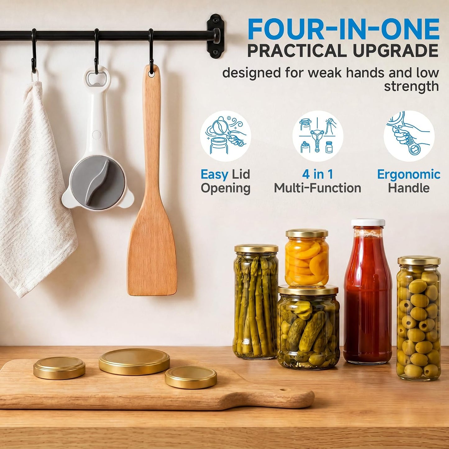 2026 Upgraded 4-in-1 Jar Opener - Adjustable Stainless Steel Lid Remover for Seniors & Arthritis Sufferers, Fits Kitchen Jars, Bottles & Cans Blue