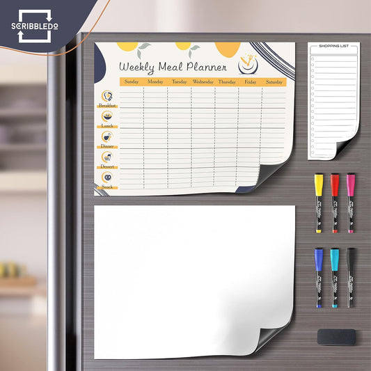 Weekly Meal Planner Dry Erase 13"X17” Magnetic Diet Planner for Fridge Whiteboard Menu Planner Shopping Grocery List Refrigerator White Board Dry Erase Magnet Monthly Menu Board for Kitchen 6 Markers