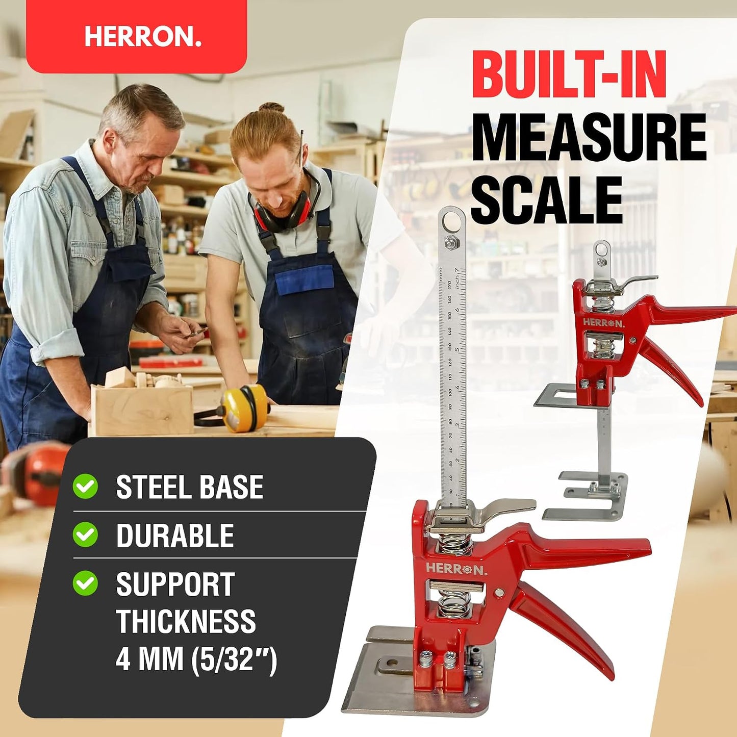 HERRON Labor Saving Arm Jack 2-Pack, 440 lbs Cabinet Lifter, 6 inch Lift | Built-in measuring scale, all-steel construction, one-hand pump operation, for cabinets, doors, drywall and flooring