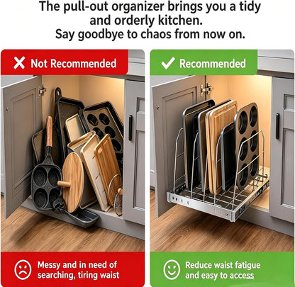 Pull Out Baking Pan Organizer for Cabinet, Cookie Sheet, Cutting Board, Tray Organizer for Cabinet, Adjustable, 22.5"D x11"H x 9"W, Pull/Slide Out Organizer-Heavy Duty, Chrome steel, 50-Year Warranty
